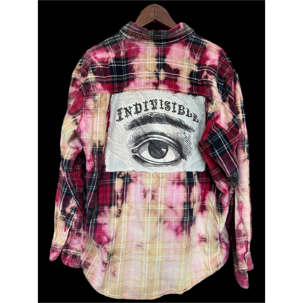One of a Kind Upcycled Red Black Plaid Flannel Shirt Large Eye Art Patch